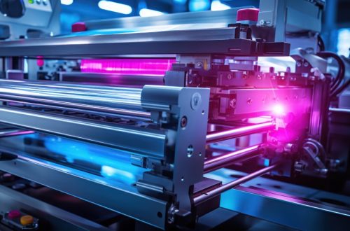 Industrial printing press glowing with the precision of modern manufacturing.